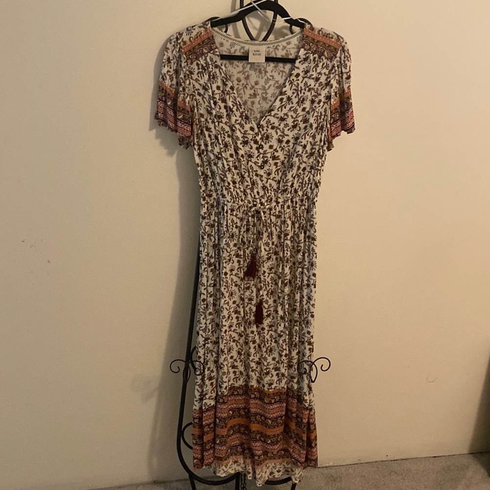 White with red floral pattern, high/low midi dress